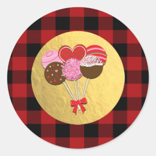 Valentine Cake Pops Cakepops Red Buffalo Plaid Classic Round Sticker