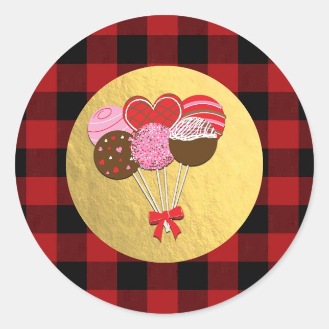 Valentine Cake Pops Cakepops Red Buffalo Plaid Classic Round Sticker (Front)