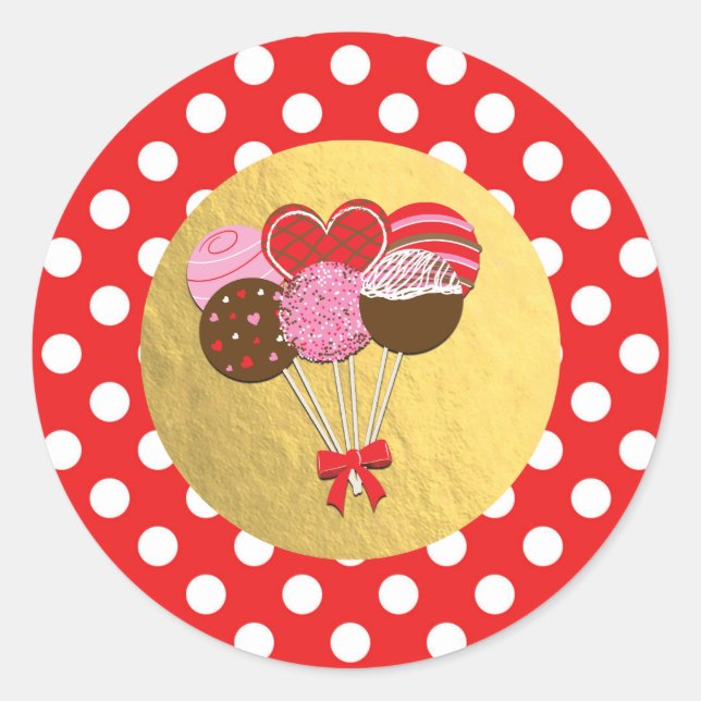 Valentine Cake Pops Cakepops Red Polka Dots favor Classic Round Sticker (Front)