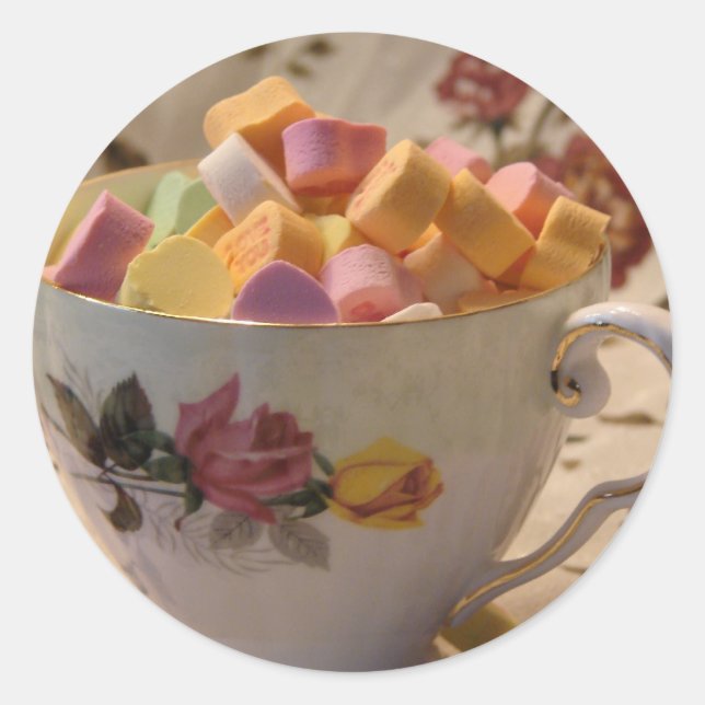 Valentine Candy and Rose Teacup Classic Round Sticker (Front)