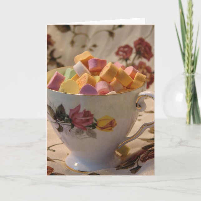 Valentine Candy and Rose Teacup Holiday Card (Front)