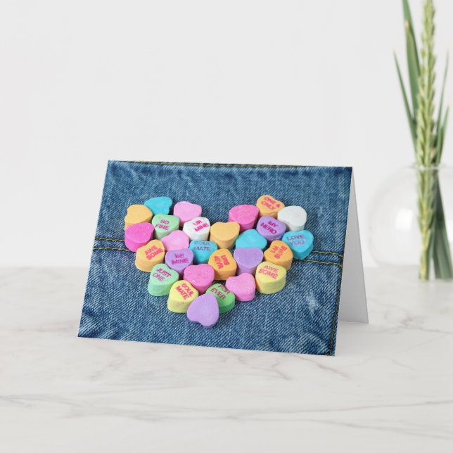 Valentine Candy Hearts On Denim Holiday Card (Front)
