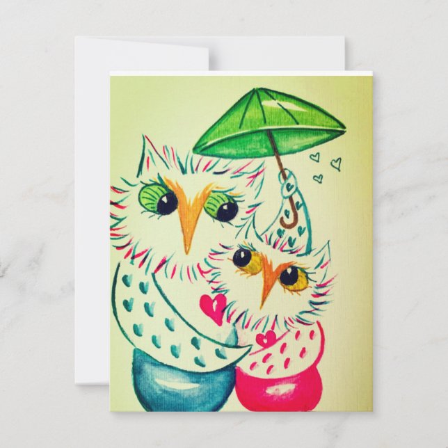 Valentine card, watercolor owls holiday card (Front)
