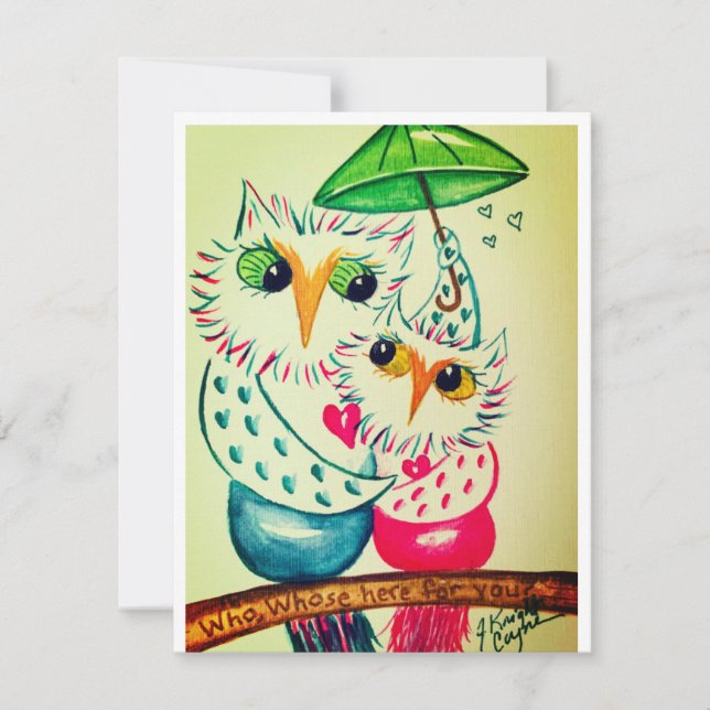 Valentine card, watercolor owls holiday card (Front)