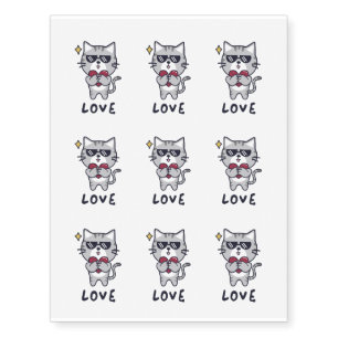 Valentine cartoon cat with heart temporary tattoos