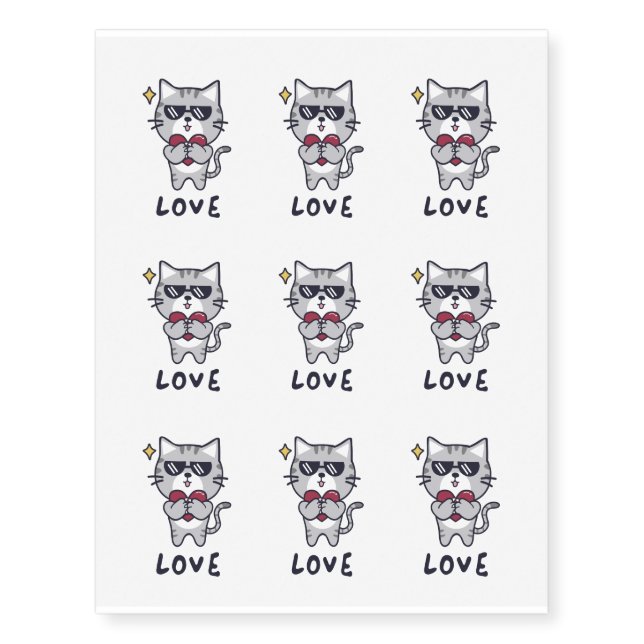 Valentine cartoon cat with heart temporary tattoos (Front)