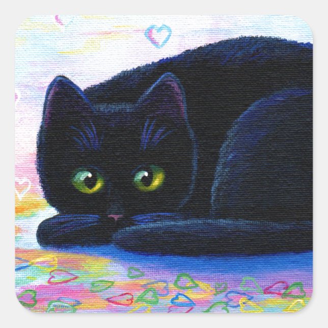 Valentine Cat Colorful Hearts Creationarts Square Sticker (Front)