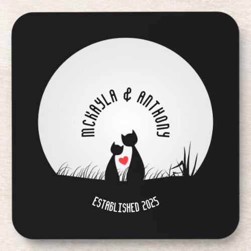 Valentine Cats Red Heart Moon Silhouette Couple Beverage Coaster