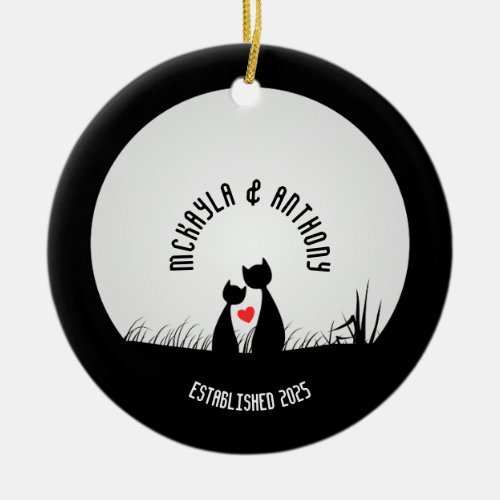 Valentine Cats Red Heart Moon Silhouette Couple Ceramic Ornament