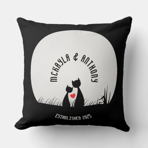 Valentine Cats Red Heart Moon Silhouette Couple Throw Pillow