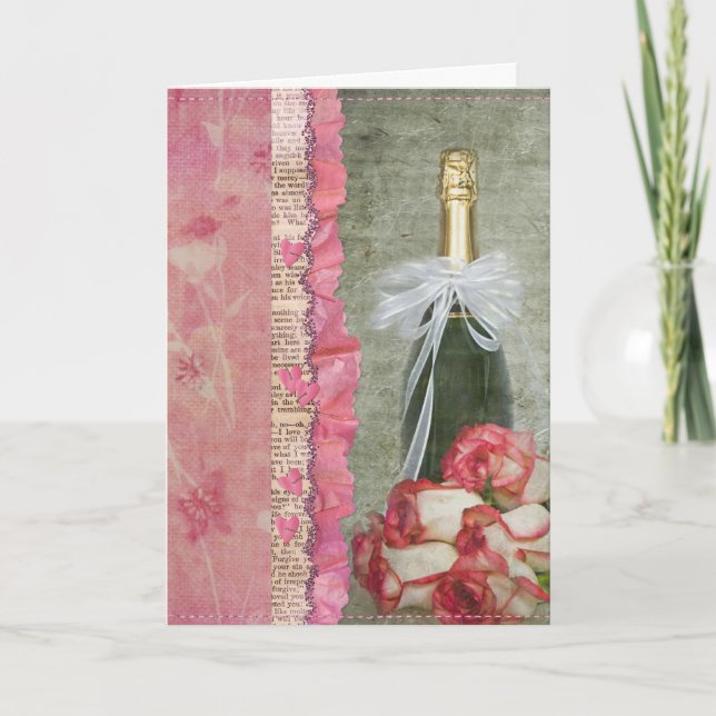 Valentine champagne bottle with roses holiday card (Front)