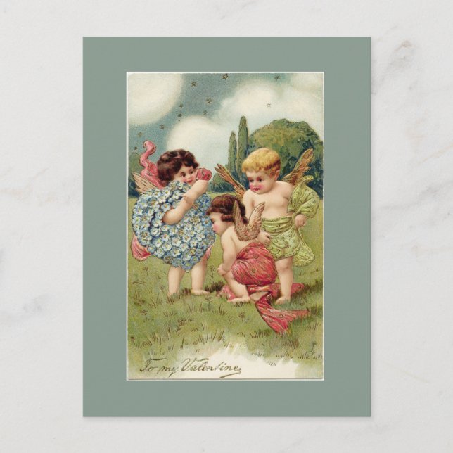 Valentine Cherubs Green Holiday Postcard (Front)