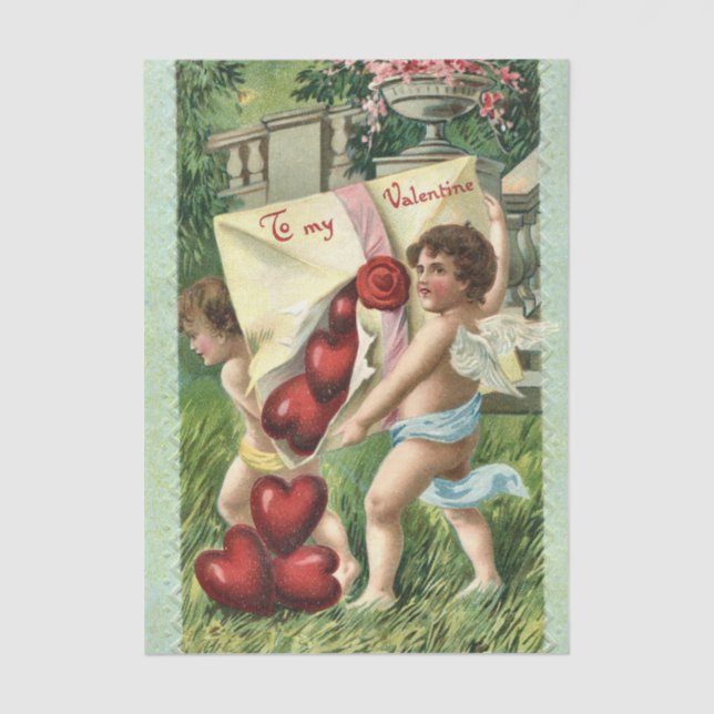Valentine Cherubs with Envelope of Red Hearts Tissue Paper (Front)