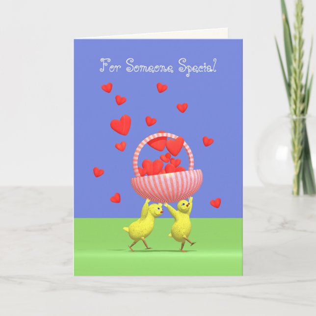 Valentine Chickens and Basket of Hearts Holiday Card (Front)
