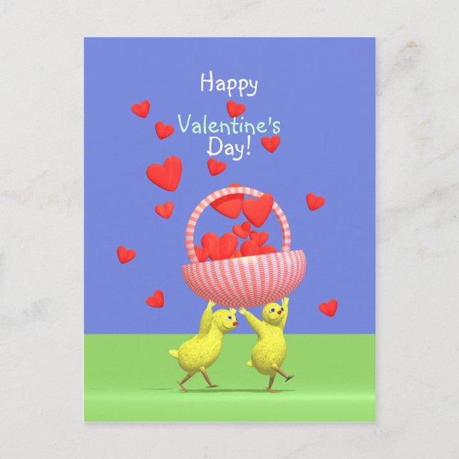 Valentine Chickens and Basket of Hearts Holiday Postcard (Front)
