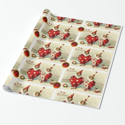 VALENTINE CHILD CLOWNS WITH RED RUBY GEMSTONES WRAPPING PAPER