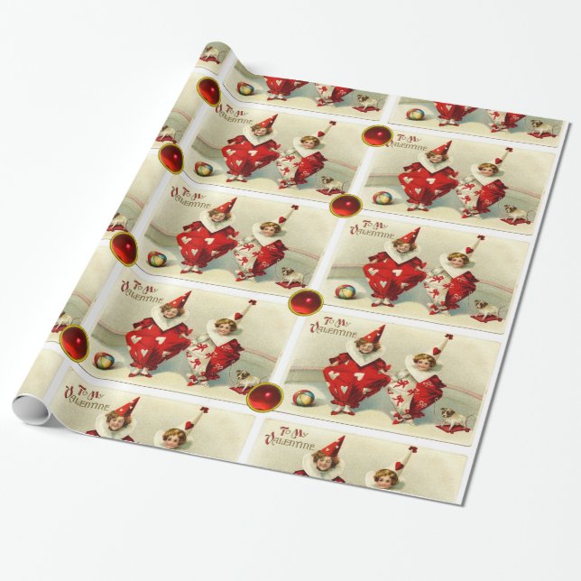 VALENTINE CHILD CLOWNS WITH RED RUBY GEMSTONES WRAPPING PAPER (Unrolled)