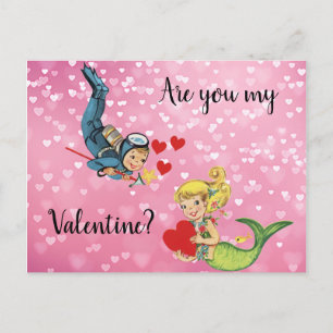 Valentine Child Mermaid and Scuba Diver Holiday Postcard