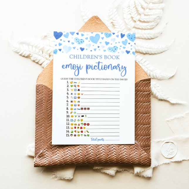 Valentine Children's Book Emoji Pictionary Game Invitation (Watercolor Blue Hearts Valentine Sweetheart Boy Children's Book Emoji Pictionary Baby Shower Game)