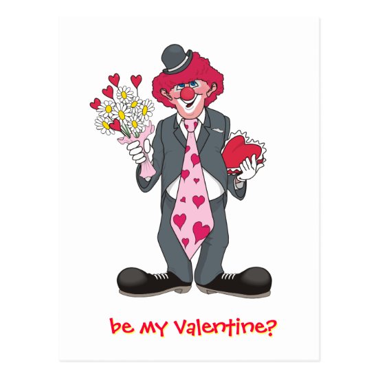 Valentine Clown With Flowers and Chocolate Postcard