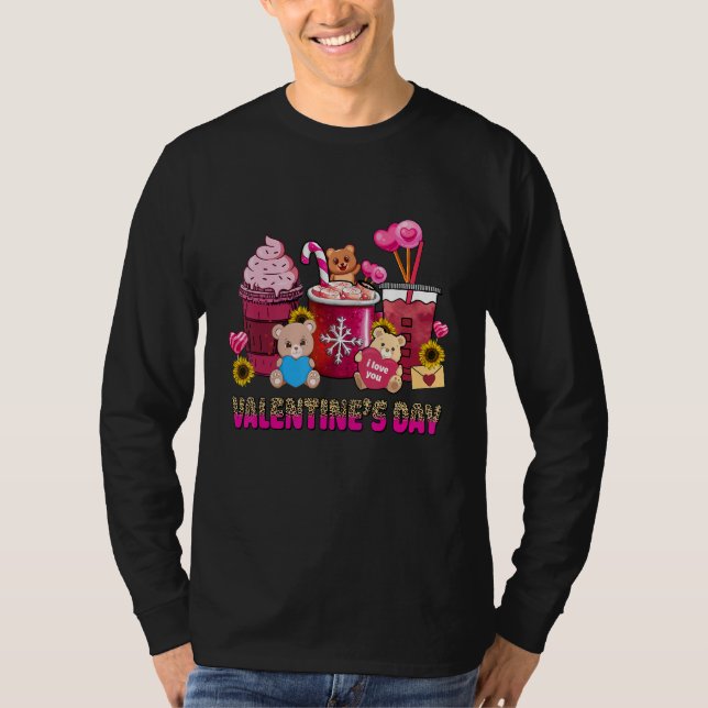 Valentine Coffee Latte Lover Cute Pink Bear Valent T-Shirt (Front)