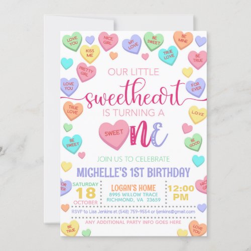  Valentine Conversation Hearts 1st Birthday Invitation