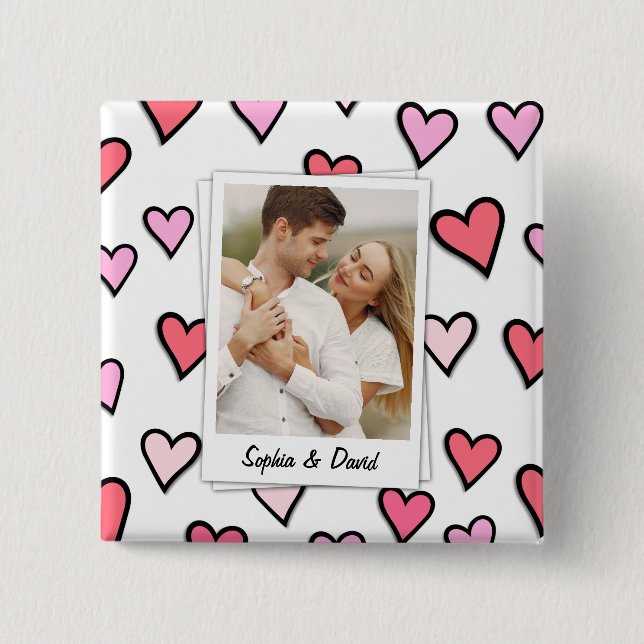 Valentine Couple Custom Photo Monogram Heart Shape Button (Front)