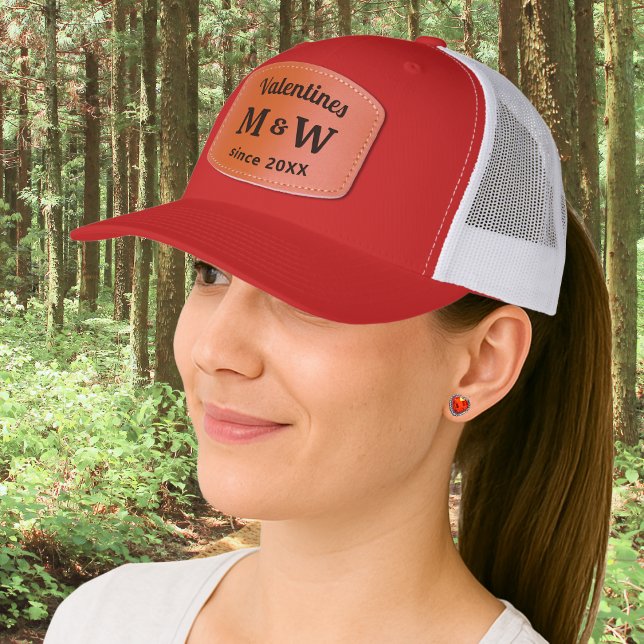 Valentine Couple Personalized Initials and Year  Leather Patch Hat (A trucker hat for Valentine's Day, personalized with the couple's initials and 'established' date)