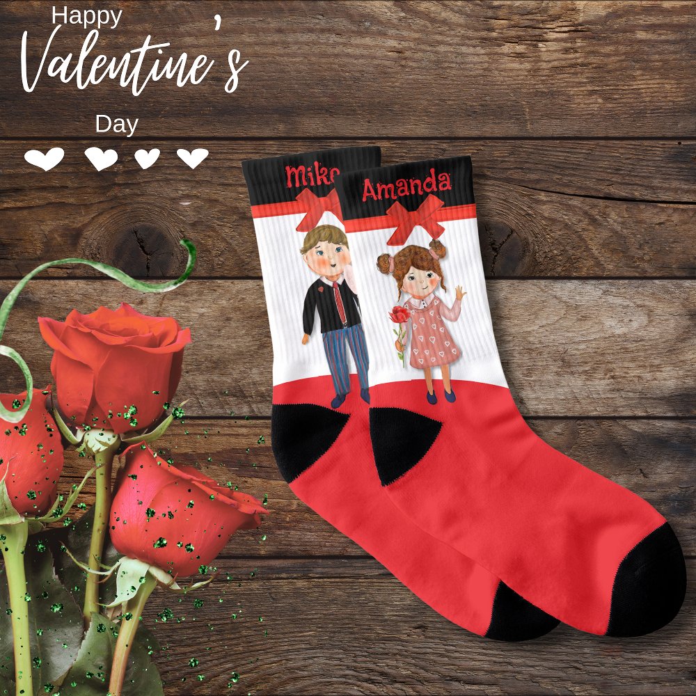 Valentine Couple Red White Black  Red Bow Socks