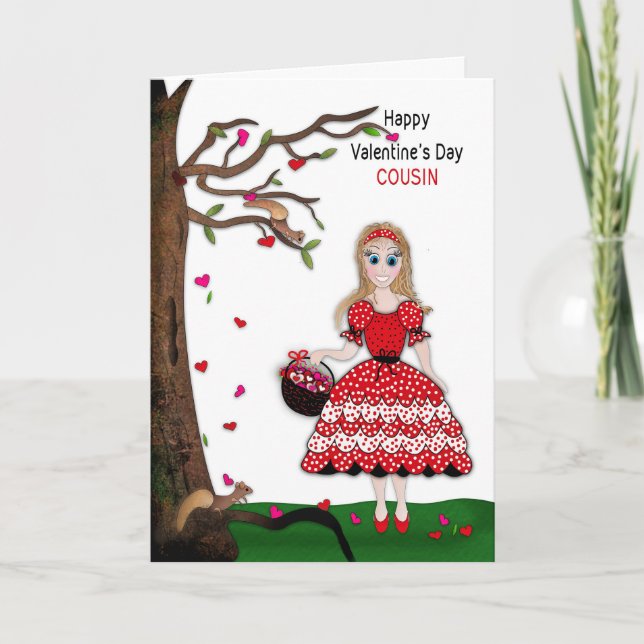 Valentine Cousin Girl Collects Hearts Tree Card (Front)