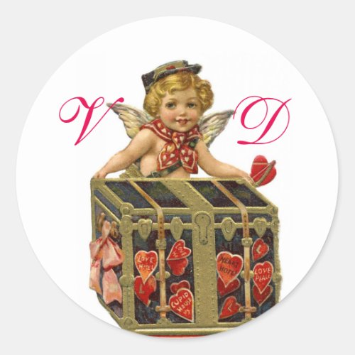 VALENTINE CUPID AND COFFER FULL OF HEARTS MONOGRAM CLASSIC ROUND STICKER