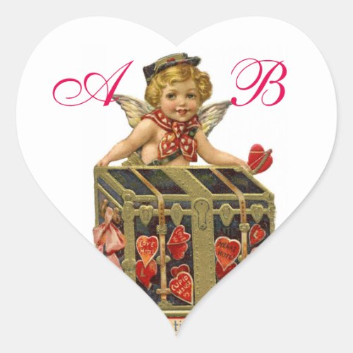 VALENTINE CUPID AND COFFER FULL OF HEARTS MONOGRAM HEART STICKER