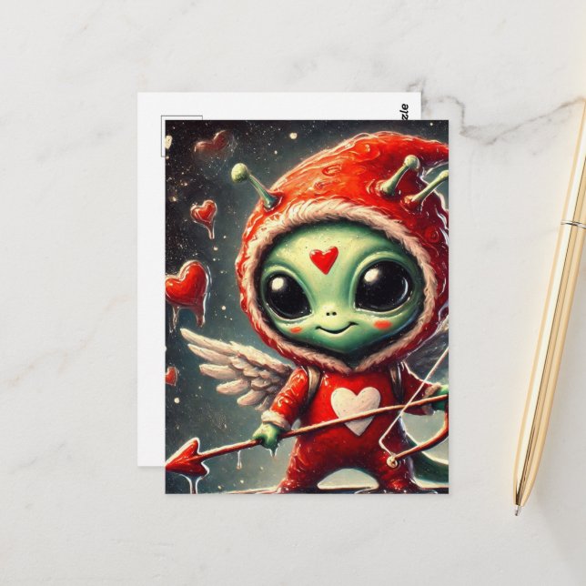 Valentine Cupid Green Alien Postcard (Front/Back In Situ)