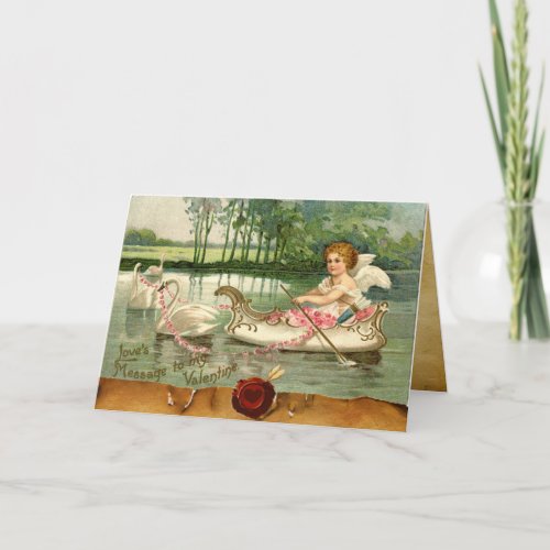 VALENTINE CUPIDPULLED BY SWANS RED WAX SEAL HOLIDAY CARD