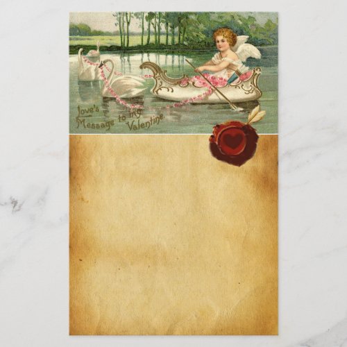 VALENTINE CUPIDPULLED BY SWANS RED WAX SEAL STATIONERY