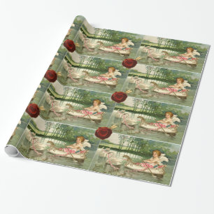 VALENTINE CUPID,PULLED BY SWANS ,RED WAX SEAL WRAPPING PAPER