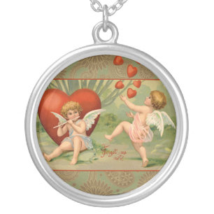 Valentine Cupids Love Antique Vintage Silver Plated Necklace