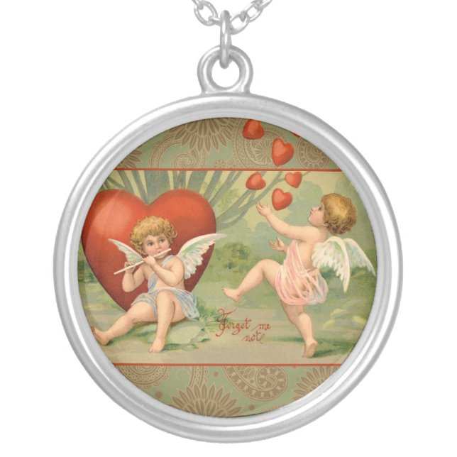 Valentine Cupids Love Antique Vintage Silver Plated Necklace (Front)
