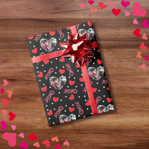 Valentine custom photo love heart xoxo on black wrapping paper