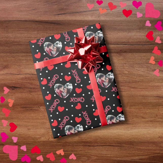 Valentine custom photo love heart xoxo on black wrapping paper (Creator Uploaded)
