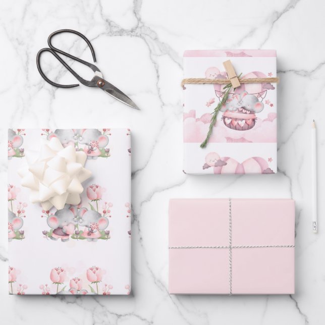 Valentine Cute Baby Elephants Wrapping Paper Sheets (Front)