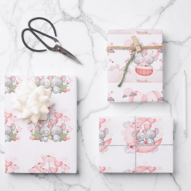 Valentine Cute Baby Mice Wrapping Paper Sheets (Front)
