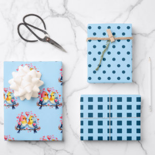 Valentine cute birds dots square pattern blue wrapping paper sheets