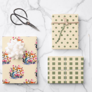 Valentine cute cats dots square pattern green wrapping paper sheets