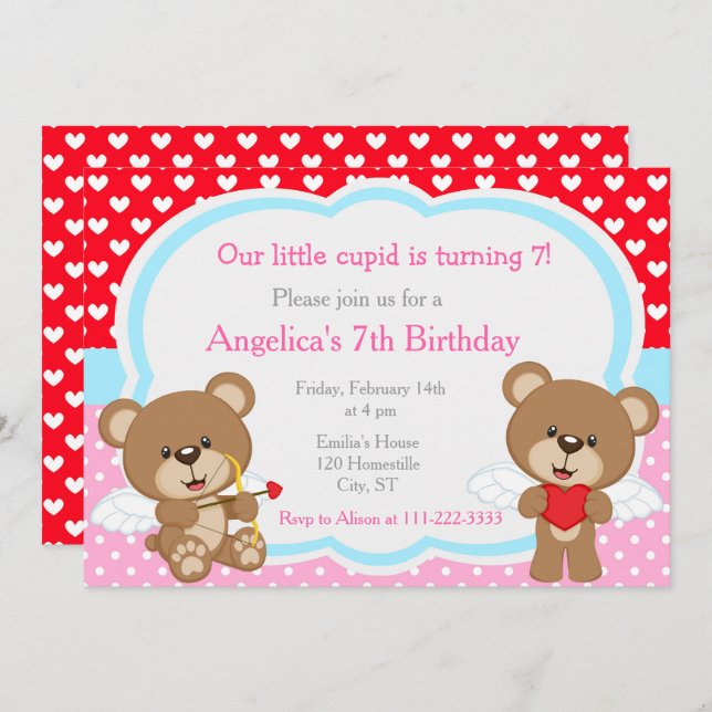Valentine Cute Cupid Bear Birthday Invitation (Front/Back)
