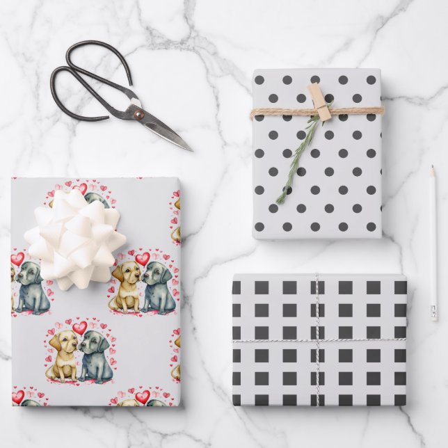 Valentine cute dogs dots square pattern grey wrapping paper sheets (Front)