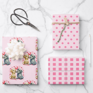 Valentine cute dogs dots square pattern pink wrapping paper sheets