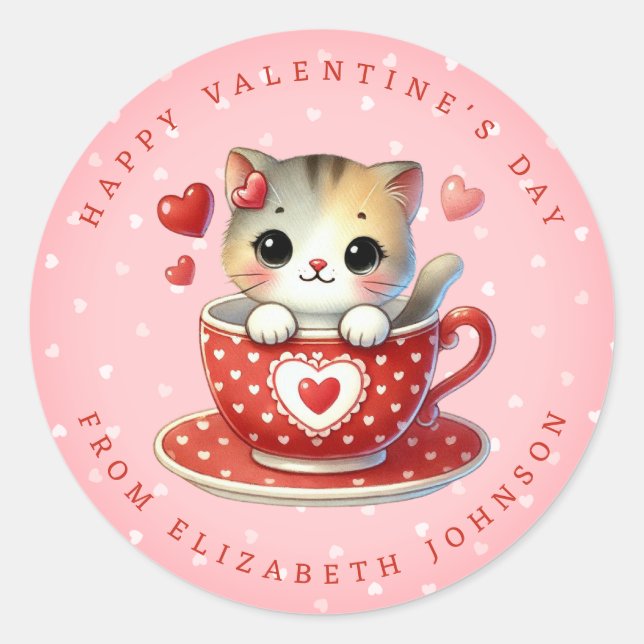 Valentine Cute Kitten Personalized Name Round Stic Classic Round Sticker (Front)