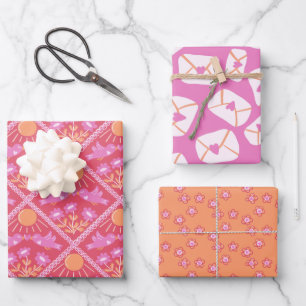 Valentine cute love birds, love letters and daisy wrapping paper sheets