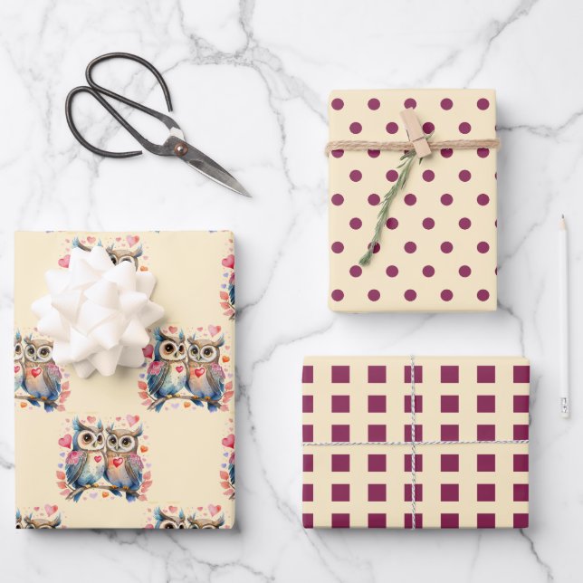Valentine cute owls dots square pattern purple wrapping paper sheets (Front)